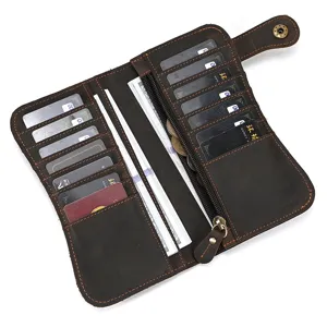 Vintage genuine leather long wallet for men with multiple card slots and zipper pocket.
