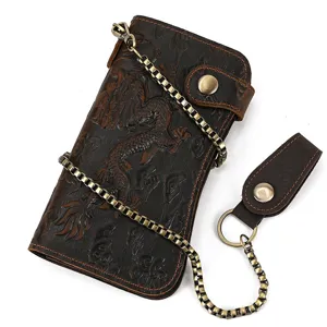 Vintage embossed long leather wallet with metal chain retro dragon pattern men long purse