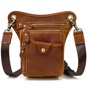 Vintage genuine leather tactical drop leg bag for men, multi-pocket waist pouch, brown.