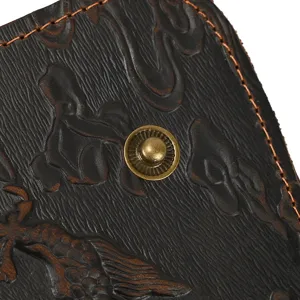 Close-up detail of vintage embossed leather wallet showing fine texture, stitching and snap button.