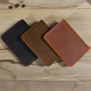 Leather card holder detail view, minimalist bi-fold retro cowhide wallet in multiple colors.