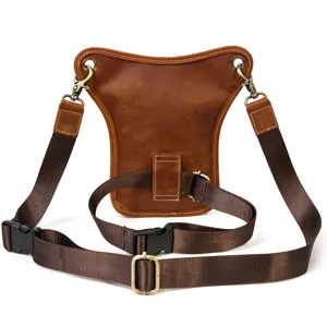Men vintage leather drop leg bag tactical waist pack genuine cowhide phone pouch detail
