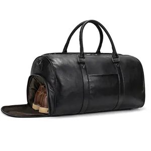 Zwarte leren reistas duffel bag voor heren met apart schoenenvak voor sport