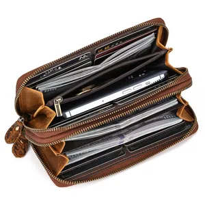 Vintage crazy horse leather long wallet interior detail, multi-card slots and large capacity.