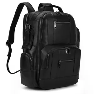 Men genuine leather backpack, black multi pocket travel business casual book bag detail.
