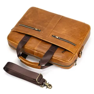 Men's leather business briefcase laptop bag with detachable shoulder strap brown casual.