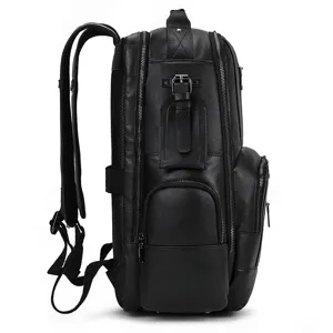 Side detail view of black leather backpack, multi-pocket design with durable metal zippers.