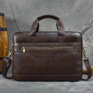 Premium brown leather men briefcase vintage business laptop messenger bag with adjustable strap