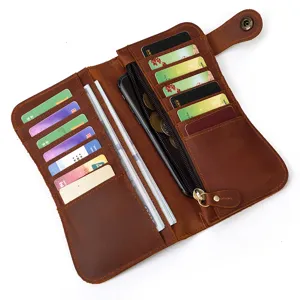 Portefeuille long en cuir véritable vintage pour homme avec multiples fentes et poche zippée.