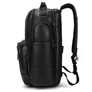 Side detail view of black leather travel backpack showcasing multiple zippered compartments.