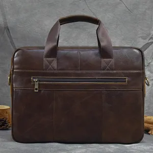 Detailed view of dark brown leather business briefcase with zipper pocket and sturdy handles.