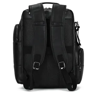 Men's genuine leather backpack rear view showing shoulder straps and multi pockets design.