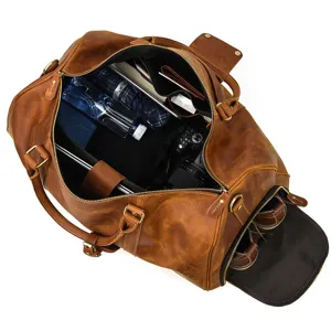 Vintage ανδρική δερμάτινη τσάντα ταξιδιού duffel με θήκη παπουτσιών καφέ.