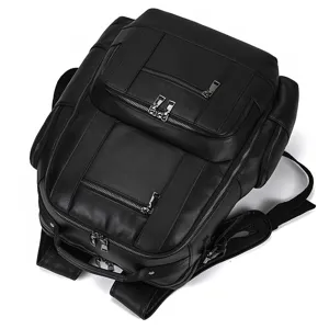 Black leather backpack for men, large capacity vintage travel daypack with multiple zipper pockets.