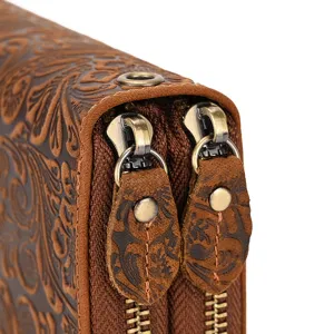 Close-up detail shot of brown vintage embossed leather long wallet double zipper design.