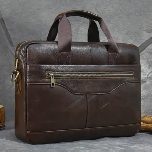 Genuine leather men business briefcase laptop bag dark brown office daily use stylish