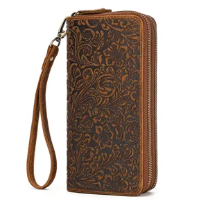 Men long wallet vintage embossed double zipper genuine leather clutch wrist bag for men