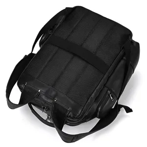 Detail view of the black leather backpack showing breathable mesh back panel and sturdy straps.