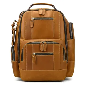 Men's Vintage Genuine Leather Backpack Large Capacity Casual Travel Business Commute Laptop School Bag Multi-Pocket