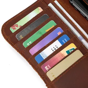 Portemonnaie long en cuir de cheval fou authentique pour homme avec multiples fentes à cartes.