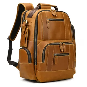 Vintage genuine leather men backpack large capacity multi-pocket brown travel school bag