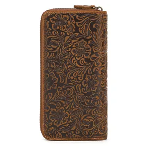Vintage embossed genuine leather men long wallet clutch bag detailed view pattern design.