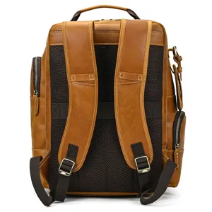 Men vintage genuine leather backpack large capacity brown travel book bag waterproof
