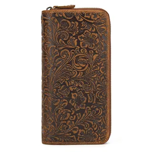 Vintage embossed genuine leather long wallet for men, floral tooling clutch zipper purse.
