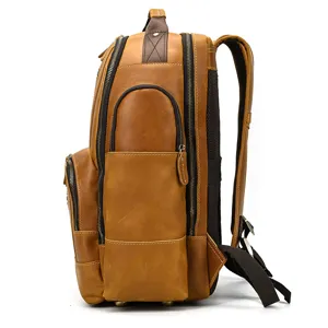 Vintage men's genuine leather backpack, large capacity multi-pocket cowhide rucksack travel.