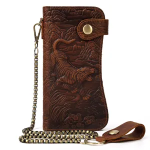 Portefeuille long en cuir vintage avec motif de tigre gaufré et chaîne en métal solide.