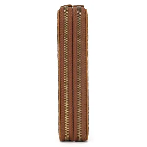 Detail view of men's genuine leather double zipper wallet in retro brown embossed style.