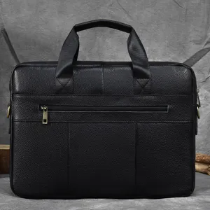 Men genuine leather briefcase laptop business bag detailed front view with smooth texture