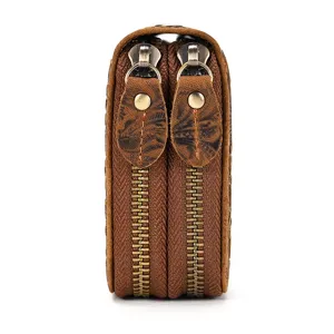Detailed view of vintage crazy horse leather men double zipper wallet with embossed pattern.