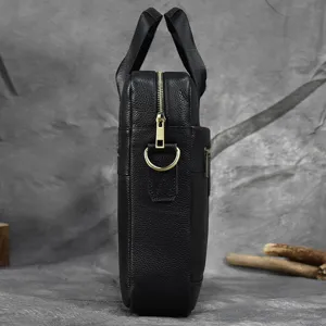 Side view of black genuine leather men business briefcase laptop shoulder bag details.