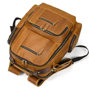 Men leather backpack detail view, vintage cowhide multi pocket design for travel and daily school.
