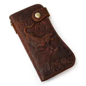 Portefeuille long en cuir de cheval fou vintage pour homme avec motif de tigre et fermeture.