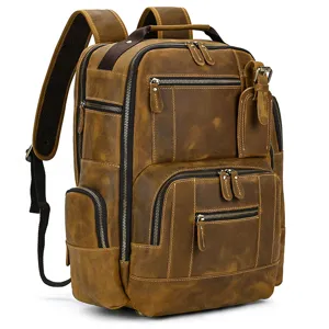 Vintage genuine leather backpack for men, large capacity multi-pocket travel rucksack.