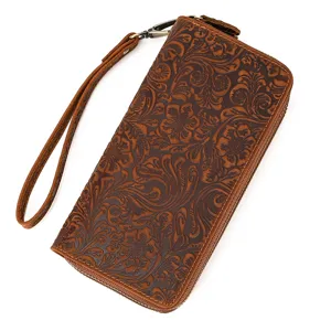 Vintage embossed genuine leather men long wallet with wrist strap and zipper closure clutch bag