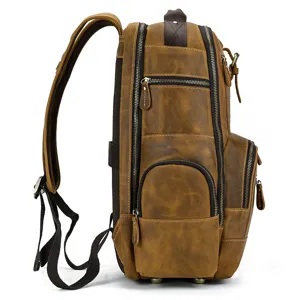 Men vintage crazy horse leather backpack side detail multi pocket travel bag laptop bookbag