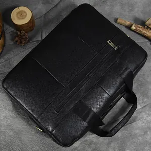 Men's genuine leather business briefcase laptop messenger bag in classic black cowhide style