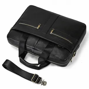 Men's genuine leather business briefcase laptop bag shoulder crossbody bag in classic black.