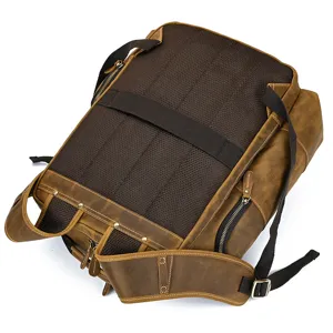 Vintage genuine leather backpack for men, large capacity multi-pocket travel bag, brown cowhide.
