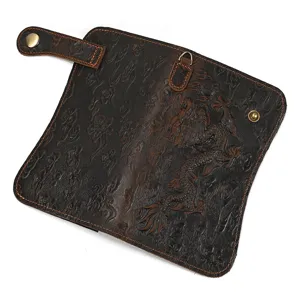 Portefeuille long en cuir véritable pour homme avec motif de dragon gaufré et boutons pression.
