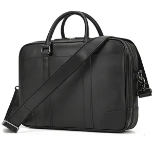 Black genuine cowhide leather business briefcase for men, multi-compartment laptop shoulder bag.