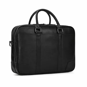 Black leather business briefcase detail showing dimensions, handles, and strap hooks for men.