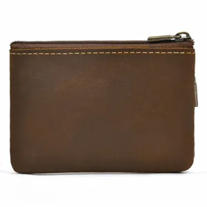 Closeup detail of retro genuine crazy horse leather zipper coin purse, compact vintage wallet.