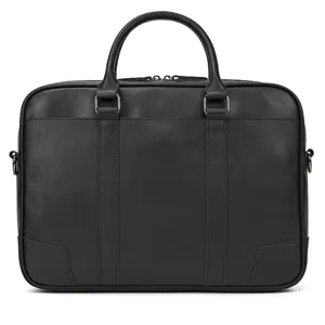 Detailed view of black genuine leather business briefcase with dual handles and metal hardware.