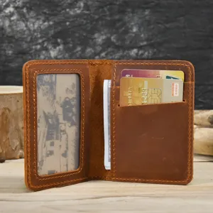 Vintage genuine leather bifold card holder minimalist wallet with ID window and slots.