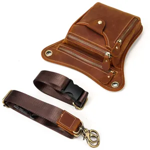 Men genuine leather tactical drop leg bag retro brown waist bag with multi zippers and straps