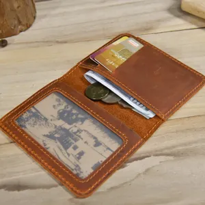 Vintage genuine leather bifold card holder minimalist portable wallet with ID window.
